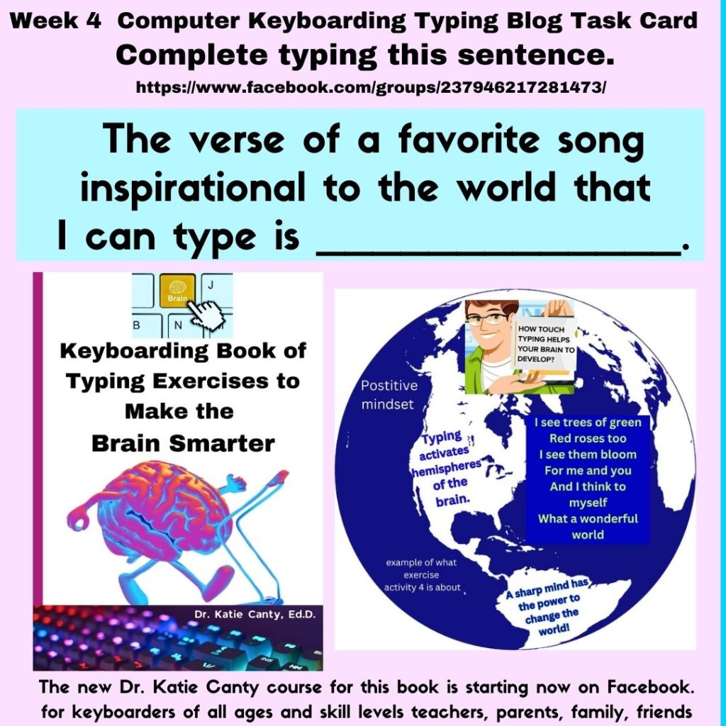 Calling all who want or need a great memory:  Try Dr. Katie Canty's fun and engaging computer keyboarding exercises! There are ten 1 minute to 10-minute exercises to choose from. Kudos to those who type all ten! Start typing smarter with these brain boost typing exercises.
The Backstory
The student’s socialite, wealthy parent got special permission to enroll the student in computer keyboarding class. This the teacher did not know until the class was over. The teacher was sent a “beyond thank you” message from the student’s parent.  
There was something else that the teacher did not know, which inspired the writing of this keyboarding brain exercise workbook. The message from the parent went on to say this.
When typing your teacher made lessons for some unknown reason, I notice that my child who is  diagnosed with a cognitive disability, is no longer disabled, especially while in your class.
The teacher did not know if this was scientifically true or not about the cognitive challenge disappearance. However, the teacher went on to write a grant to offer the course on a trial basis. And the keyboarding course became the first online course ever offered at their institution of higher learning.
...from Dr. Katie Canty, your computer keyboarding professor typing coach with educational resources for teens, kids, and adults on Amazon

